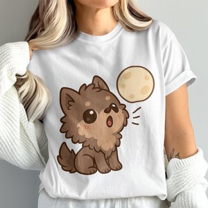 Cute Pomeranian Dog Cartoon White T-Shirt, Women's Casual Graphic Tee, Soft Cotton Top, Pet Lover Gift