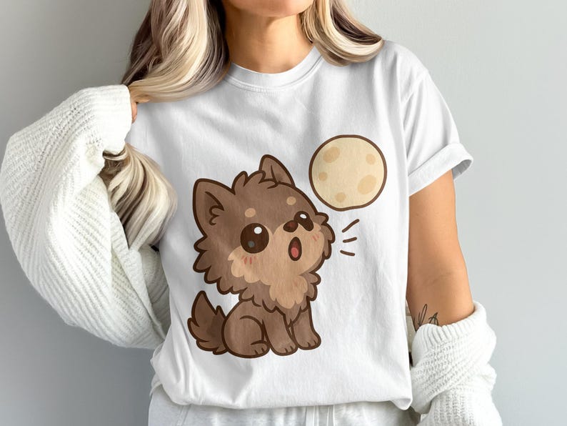 Cute Pomeranian Dog Cartoon White T-Shirt, Women's Casual Graphic Tee, Soft Cotton Top, Pet Lover Gift