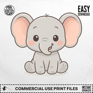 Cute Elephant PNG, Baby Elephant Clipart, Cartoon Elephant Png, Animal Png, Safari Sublimation, Digital Download Design