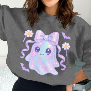 Cute Ghost Sweatshirt, Kawaii Pastel Ghost with Bow, Floral Halloween Apparel, Women’s Comfortable Long Sleeve Top