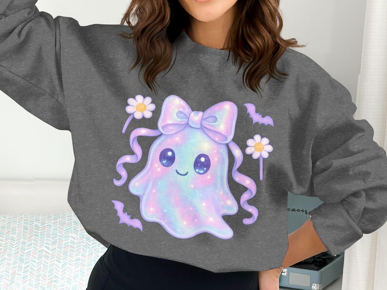 Cute Ghost Sweatshirt, Kawaii Pastel Ghost with Bow, Floral Halloween Apparel, Women’s Comfortable Long Sleeve Top