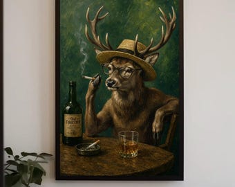 Arte mural de ciervo fumando, retrato de ciervo vintage, divertido animal con whisky para imprimir, decoración rústica para cueva de hombre (descarga digital)