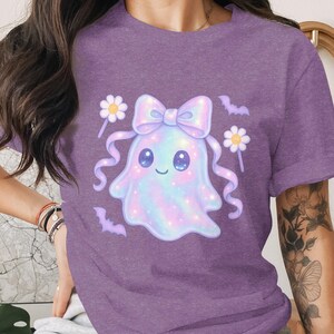 Cute Ghost T-Shirt, Kawaii Purple Tee with Sparkly Ghost, Bow and Flowers Design for Women