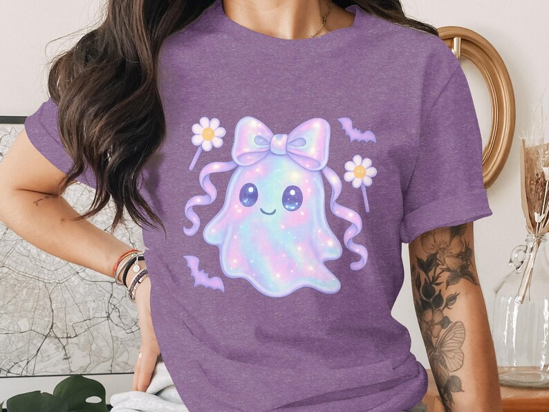 Cute Ghost T-Shirt, Kawaii Purple Tee with Sparkly Ghost, Bow and Flowers Design for Women