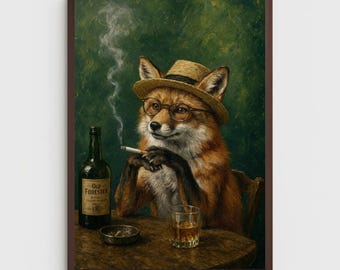 Arte mural de zorro fumando, retrato de animal de whisky vintage, decoración imprimible de zorro divertida, descarga digital para caballeros para bar