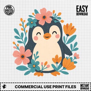Cute Penguin Floral PNG Design, Digital Download, Commercial Use, Instant Download, Easy Craft Project, Clip Art