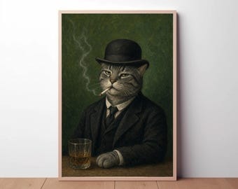 Cuadro de gato gris fumando para pared, retrato de gato caballero vintage, impresión divertida de whisky, descarga digital estilo Dark Academia para decoración de oficina