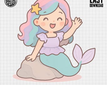 Sirena linda PNG, clipart de sirena, sirena pastel PNG, sirena kawaii, sublimación de sirena, descarga digital, diseño de dibujos animados