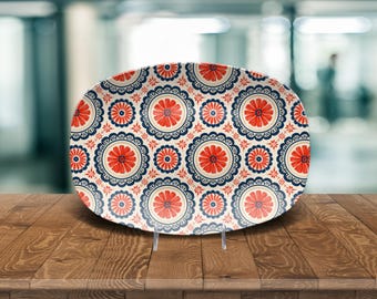 Bandeja de azulejos florales de estilo moderno de mediados de siglo – Bandeja de servir con estampado geométrico mediterráneo retro