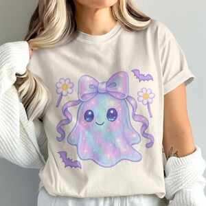 Cute Ghost T-Shirt with Pastel Colors, Kawaii Halloween Tee, Women's Casual Fashion, Soft Aesthetic Top