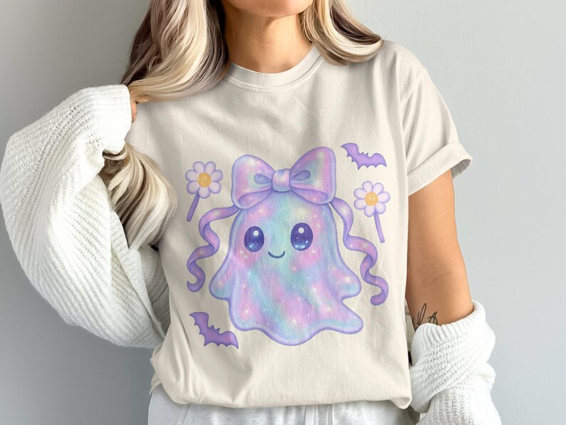 Cute Ghost T-Shirt with Pastel Colors, Kawaii Halloween Tee, Women's Casual Fashion, Soft Aesthetic Top
