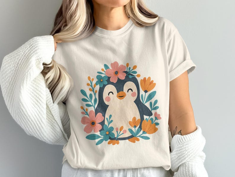 Cute Penguin Floral Graphic T-Shirt for Women, Pastel Colors Spring Fashion Tee