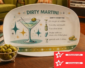 Plato con recetas de cóctel Dirty Martini, bandeja retro de Martini, decoración de bar moderna de mediados de siglo, regalo para amantes del Martini, presentación estilo vintage de 25 x 35 cm