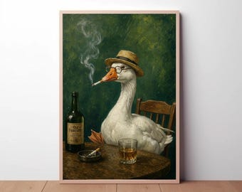Cuadro decorativo de ganso fumando, retrato de pájaro vintage y divertido, decoración de animales imprimible con temática de whisky, descarga digital original para la cocina.