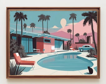 Lámina digital de arte mural moderno de mediados de siglo de Palm Springs / Decoración retro para el hogar: paisaje desértico rosa y turquesa / Póster minimalista vintage para el hogar