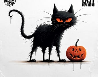Black Cat with Pumpkin PNG, Halloween Cat Clipart, Spooky Black Cat, Halloween Pumpkin, Sublimation Png, Digital Download