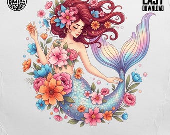 Puede incluir: Ilustración digital de una sirena con cabello rojo ondeante adornado con flores. La cola de la sirena es un degradado de colores pastel y está rodeada de flores coloridas. Incluye el texto "PNG DIGITAL DESIGN" y "EASY DOWNLOAD".