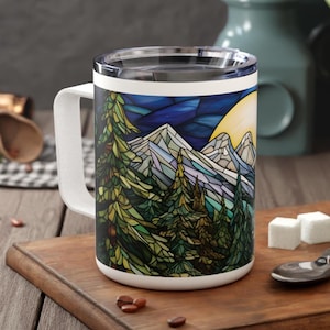 Faux Stained Glass Mountain Mug | Insulated Stainless Steel Coffee Cup Moon Design, Travel Gift