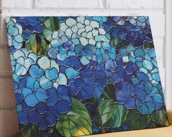 Blue Hydrangea Cutting Board, Glass Charcuterie Board Gift, Floral Kitchen Decor, Flower Lover Gift, Useful Gifts for Her