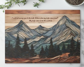Christelijke glazen snijplank charcuterieblad Psalm 121 Bijbelvers bergliefhebbers cadeau rustiek keukendecor Religieus thuisaccent