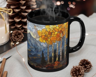 Fall Mountain Mug Aspen Trees Stained Glass Aesthetic Rocky Mountains Coffee Mug Autumn Colorado Aspens Gift for Hiker Camper Nature Lover