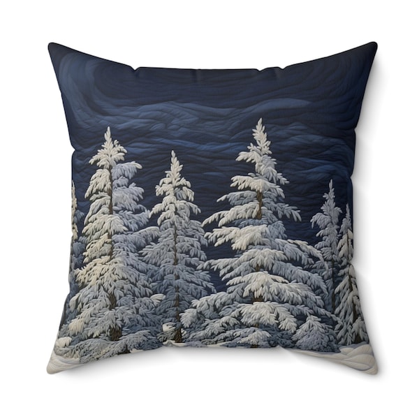 Snow-Covered Trees Throw Pillow Soft Cozy Faux Suede Square Aesthetic Navy Christmas Pillows Sofa Couch Accent Winter Holiday Cabin Decor