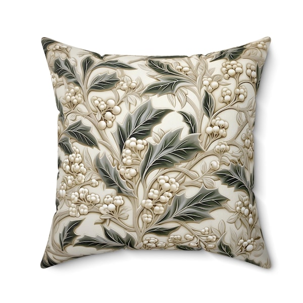 Christmas Pillow William Morris Inspired Holly and White Berries Cozy Faux Suede Aesthetic Square Sofa Couch Accent Pillows Holiday Decor