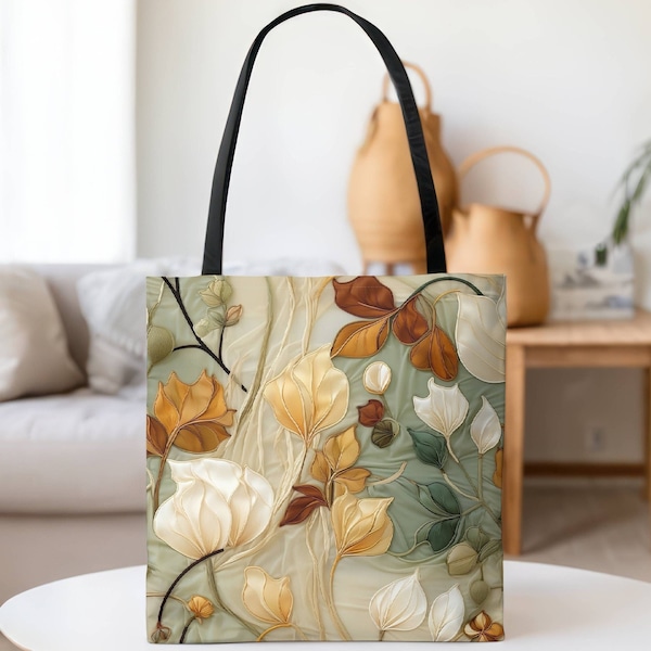 Botanical Canvas Tote Bag - Aesthetic Floral Embroidery Style Travel, Shopping, Art, Bible & Book Bags | Eco-Friendly Reusable Gift for Her