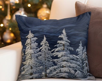 Snow-Covered Trees Throw Pillow Cover Cozy Faux Suede Square Aesthetic Navy Christmas Pillow Sofa Couch Accent Winter Holiday Cabin Decor