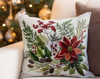 Botanical Christmas Pillow Cover Cozy Faux Suede Square Aesthetic Floral Throw Couch Sofa Accent Christmas Pillow Poinsettia Holiday Decor