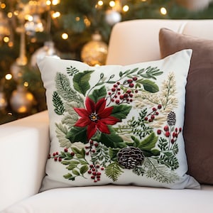 Christmas Botanical Pillow Cover Cozy Faux Suede Square Throw Aesthetic Floral Couch Sofa Accent Christmas Pillow Poinsettia Holiday Decor