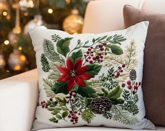 Christmas Botanical Pillow Cover Cozy Faux Suede Square Throw Aesthetic Floral Couch Sofa Accent Christmas Pillow Poinsettia Holiday Decor