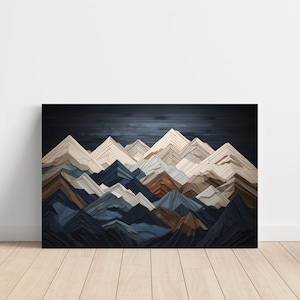 Mountains Wall Art Canvas Wrap Navy Wood Effect Blue Abstract Artwork Wooden Print For Living Room Western Cabin Mountain Home Decor