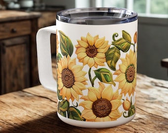 Sunflower Travel Coffee Mug: Insulated Stainless Steel Tumbler, Floral Gift