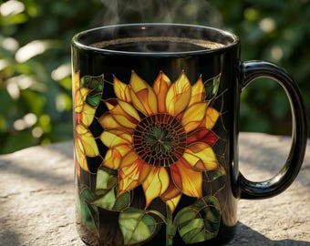 Sunflowers Black Mug Stained Glass Aesthetic Floral Ceramic Coffee or Tea Cup Sunflower Gifts for Her