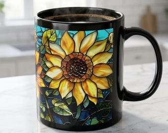 Stained Glass Sunflower Mug: Floral Black Ceramic Coffee Cup Flower Lover Gift