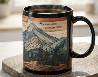 Bible Verse Mountain Mug Christian Coffee Cup with Scripture Psalm 121 Inspirational Faith Gift Wooden Aesthetic Useful Gift for Friends