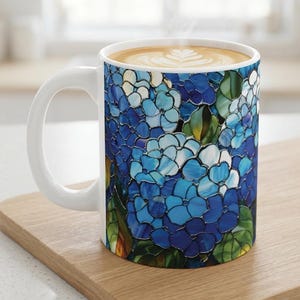 Blue Hydrangea Stained Glass Mug Floral Latte Mug Flower Coffee Cup Birthday Gifts for Teacher Grandma Mom Sister Secret Pal Best Friend 画像 1