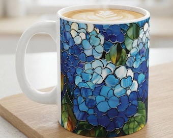 Blue Hydrangea Stained Glass Mug Floral Latte Mug Flower Coffee Cup Birthday Gifts for Teacher Grandma Mom Sister Secret Pal Best Friend