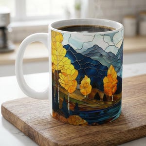 Aspen Trees Mountain Mug Stained Glass Aesthetic Fall Ceramic Coffee Mug Autumn Tea Cup Rocky Mountains Lake Hiker Camper Nature Lover Gift