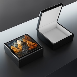 Wooden Keepsake Box Mountain Forest Adventure Memory Box Wood Jewelry Box with Ceramic Tile Lid, Gift for Outdoors Lover Ebony Black