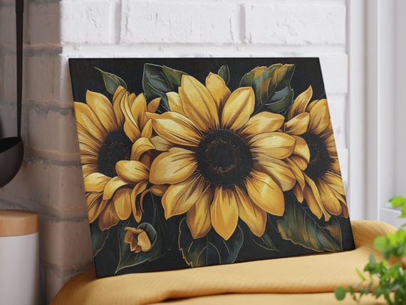 Sunflowers on Black Cutting Board Floral Aesthetic Glass Charcuterie Board Summer Kitchen Decor Sunflower Decoration Useful Gifts for Her