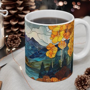 Aspen Trees Mountain Mug Stained Glass Aesthetic Fall Ceramic Coffee Mug Autumn Tea Cup Rocky Mountains Lake Hiker Camper Nature Lover Gift image 8