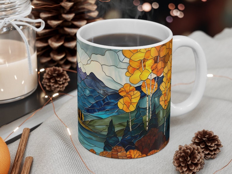 Aspen Trees Mountain Mug Stained Glass Aesthetic Fall Ceramic Coffee Mug Autumn Tea Cup Rocky Mountains Lake Hiker Camper Nature Lover Gift image 8