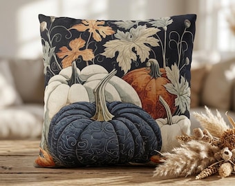 May include: A square throw pillow featuring a dark navy blue background with a printed pattern of pumpkins in shades of white, orange, and dark blue, accented by light-colored autumn leaves and thin, winding vine illustrations across the fabric.