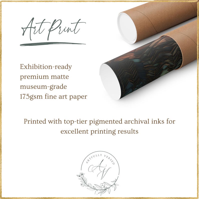 Op de afbeelding: Twee opgerolde kunstprints met een bruine buitenkant en een witte binnenkant. De tekst "Art Print" staat bovenaan, met extra informatie over de papierkwaliteit en het drukproces. Het logo van "Artfully Versed" staat onderaan.