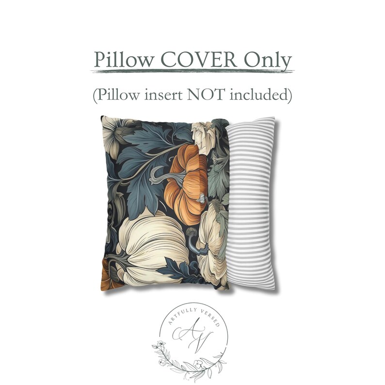 May include: A square pillow cover featuring a dark background with orange and white pumpkins and blue-green leaves. The side panel has a white and gray horizontal stripe pattern. Text above reads: Pillow COVER Only (Pillow insert NOT included).