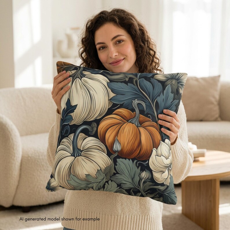 May include: A square throw pillow featuring a dark background with a repeating pattern of orange and cream-colored pumpkins surrounded by dark blue and sage green foliage and leaves. The design covers the entire front surface of the pillow.