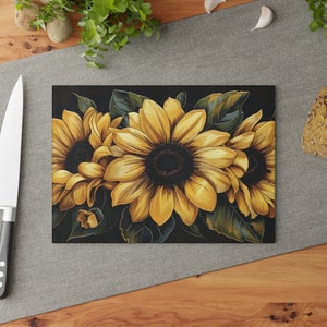 Sunflowers on Black Cutting Board Floral Aesthetic Glass Charcuterie Board Summer Kitchen Decor Sunflower Decoration Useful Gifts for Her 8" x 11"