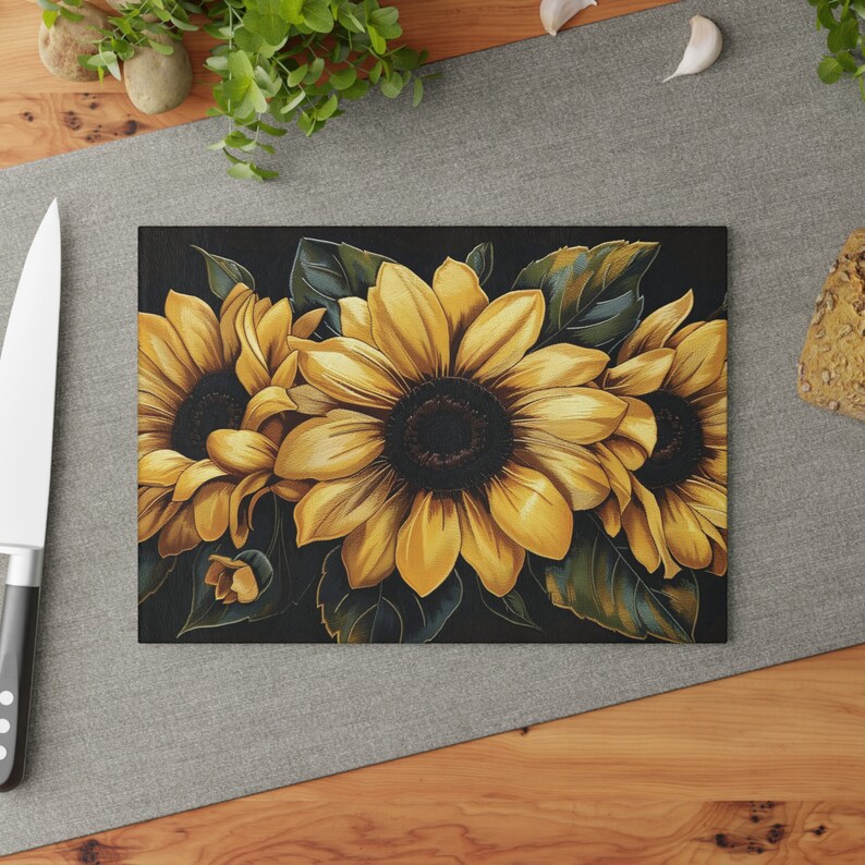 Sunflowers on Black Cutting Board Floral Aesthetic Glass Charcuterie Board Summer Kitchen Decor Sunflower Decoration Useful Gifts for Her 8" x 11"